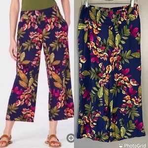 J. Jill Floral Smocked Waist Pull On Wide Leg Capri Pockets Women's Sz L